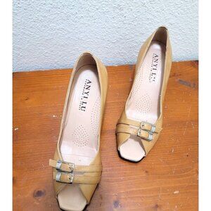 Anyilu Womens Peep Toe Leather Heels With Buckle Detail In Tan Size 36